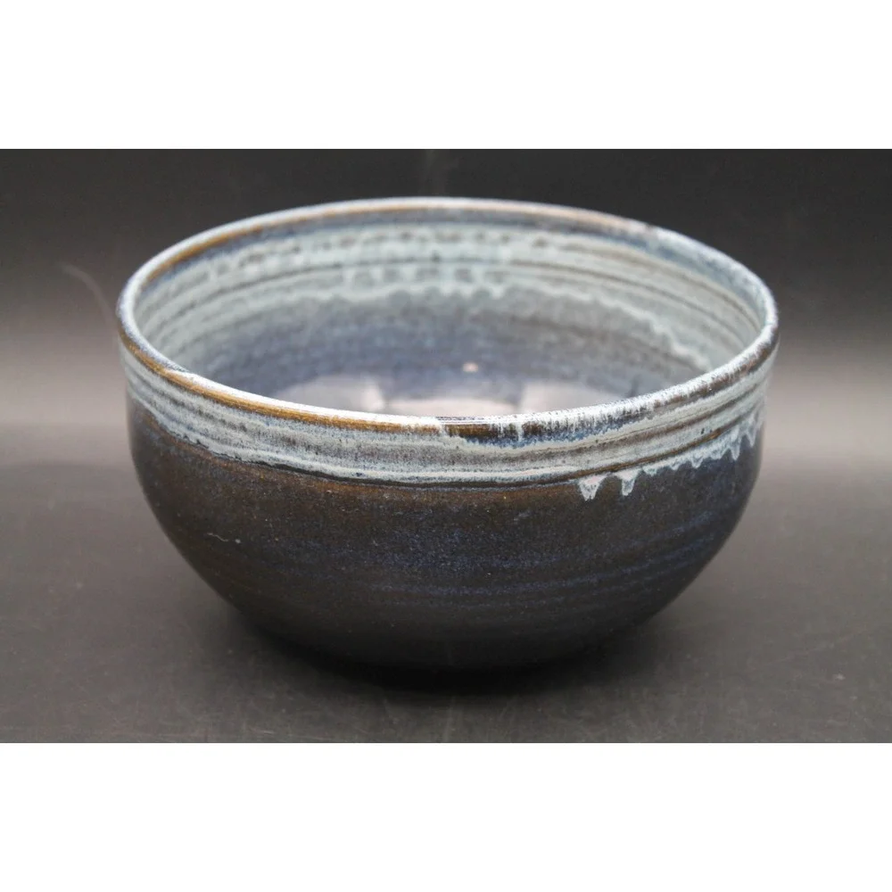 Signed Studio Art Pottery Bowl Blue Brown Drip Glaze 7.5